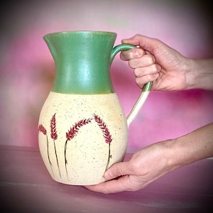 Handmade Ceramic Pitcher, Large Pottery Jug, Green Water Carafe, Hand-Painted Vase, Housewarming Gift