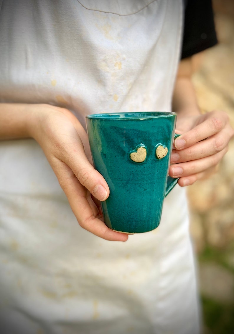 Ceramic mug, Romantic mug, Small mug, Tea cup, Coffee Cup, turquoise mug, special gift, heart design, cappuccino cup, hot drink cup image 2