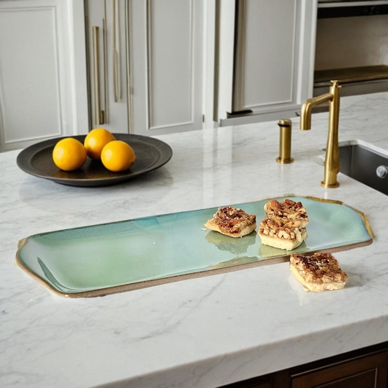 Handmade Rectangular Ceramic Serving Platter: Light Blue Cheese Board