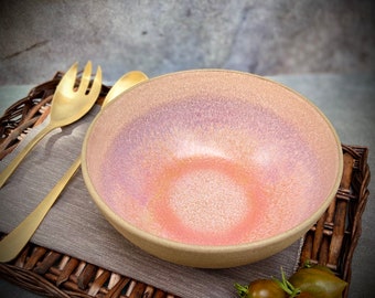 Large Ceramic Salad Bowl: Pink Rustic Stoneware Serving Bowl