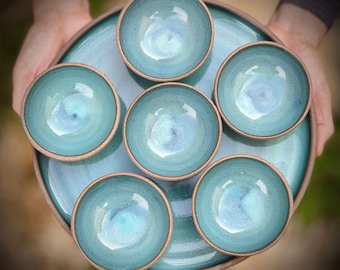 Handmade Ceramic Dinnerware Set: Rustic Light Blue Passover Plate, Wabisabi Bowls