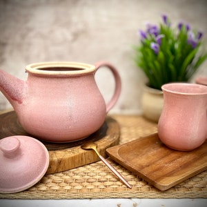 Ceramic kettle, Beautiful Teapot, pink tea pot, pink glaze, Holds 49 FL Oz, pottery pitcher, tea pot with Strainer, rustic kettle, mom gift image 4