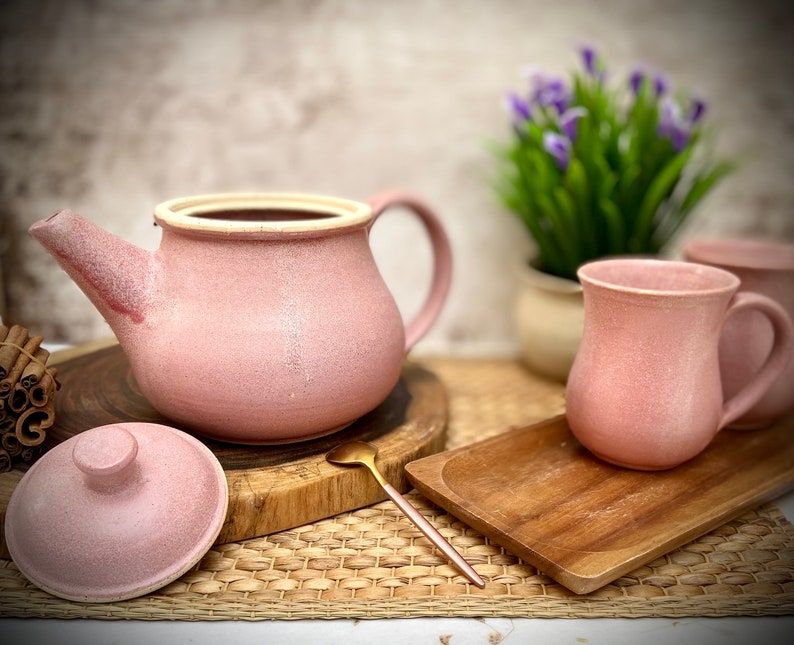 Ceramic kettle, Beautiful Teapot, pink tea pot, pink glaze, Holds 49 FL Oz, pottery pitcher, tea pot with Strainer, rustic kettle, mom gift image 4