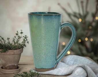 Handmade Turquoise Ceramic Mug: Large 500ml Tall Ocean Blue Glaze Rustic