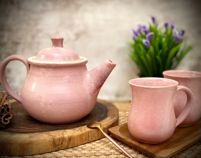 Ceramic kettle, Beautiful Teapot, pink tea pot, pink glaze, Holds 49 FL Oz, pottery pitcher, tea pot with Strainer, rustic kettle, mom gift image 2