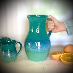 Ceramic Pitcher Turquoise, Large Pottery Jug with Handle, Wine Carafe, Water Vase, Housewarming Gift