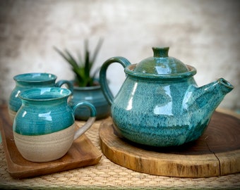 Ceramic tea set, turquoise Teapot set, TOW mugs & teapot, tea pitcher, rustic teapot, kettle set, large tea pot, the perfect christmas gift