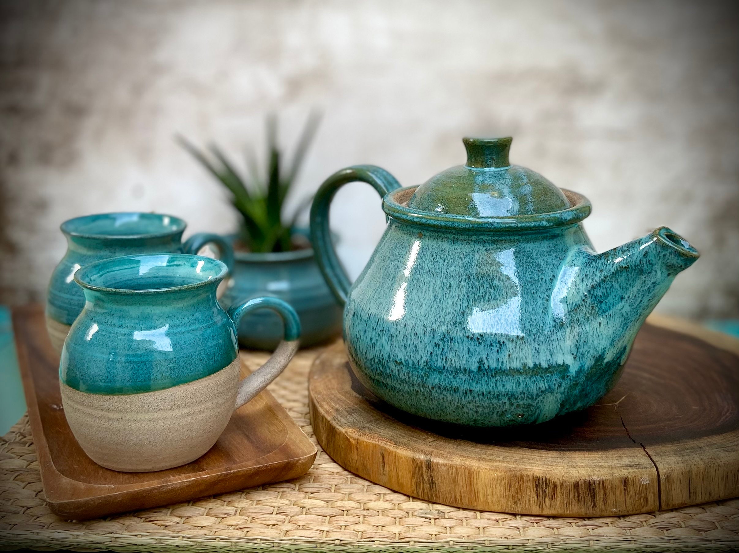 Set da tè in ceramica, set da teiera turchese, tazze e teiera TOW