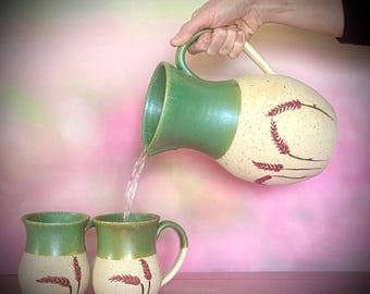 陶器製 蓋付き水差し 緑茶色 陶器のピッチャー、手作りの陶器の水差し、緑色の水差しまたはジュース