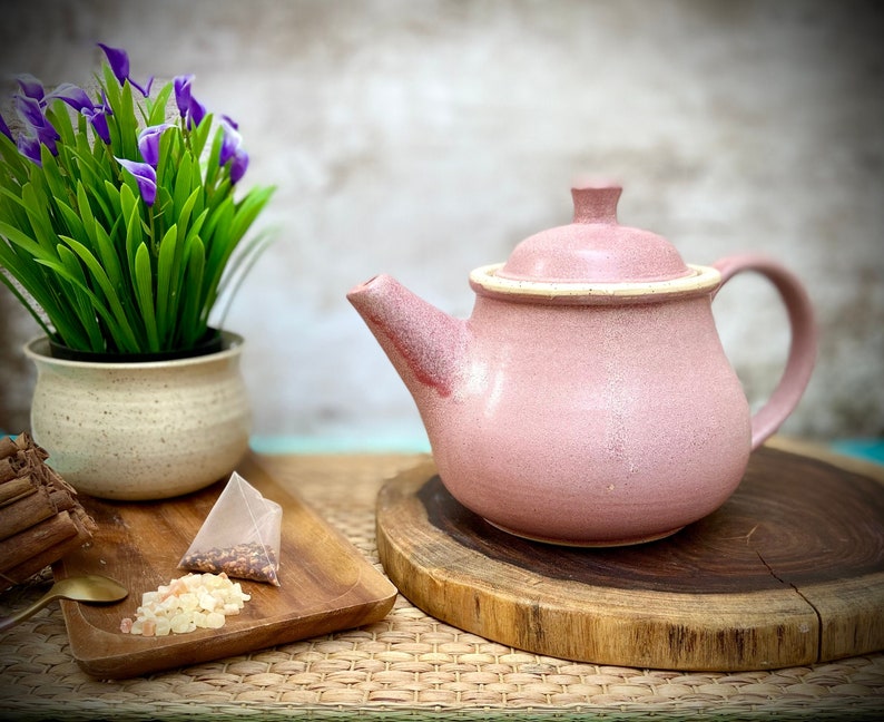 Ceramic kettle, Beautiful Teapot, pink tea pot, pink glaze, Holds 49 FL Oz, pottery pitcher, tea pot with Strainer, rustic kettle, mom gift image 1