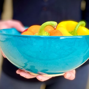 Large Bowl, Salad Bowl, Stoneware Bowl, Decorated Bowl, Turquoise Ceramic, White Clay, Serving Bowl, Ceramic Dishes, Gift For Newlyweds