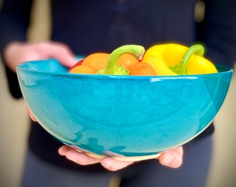 Large Turquoise Stoneware Salad Bowl: Handmade Ceramic Serving Dish