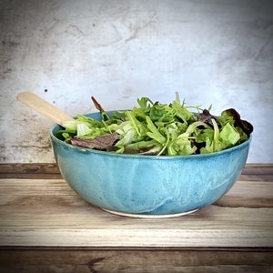 Light Blue Ceramic Salad Bowl: Handmade Pottery Serving Bowl