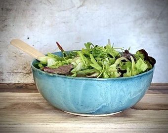 Light Blue Ceramic Salad Bowl: Handmade Pottery Serving Bowl
