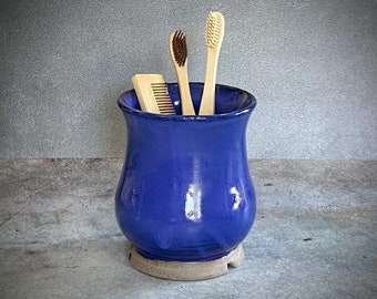 Deep Blue Utensil Holder, Silverware Holder, Ceramic Kitchen Holder, Toothbrush Holder, Pottery Cutlery Holder, silverware container