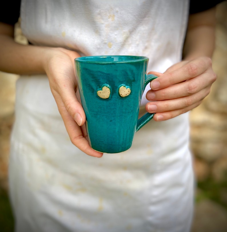 Ceramic mug, Romantic mug, Small mug, Tea cup, Coffee Cup, turquoise mug, special gift, heart design, cappuccino cup, hot drink cup image 1