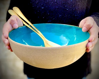 Handmade Turquoise Glazed Ceramic Salad Bowl: Large Stoneware Dish