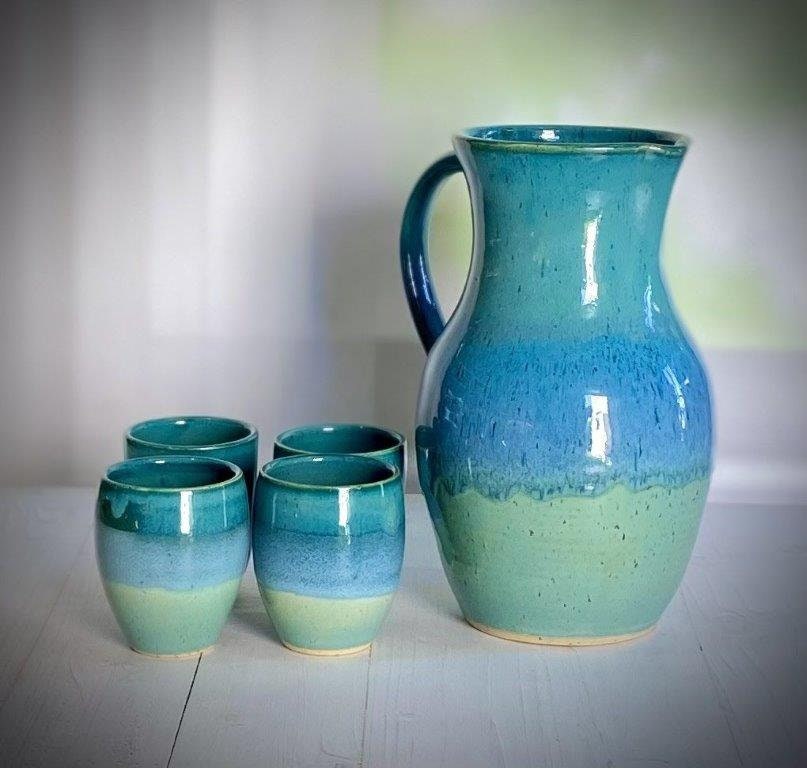 Ceramic Pitcher Set, 4 Small Cups, Ocean Colors, Handmade Pottery ...
