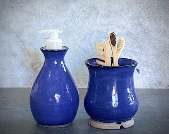 Set of Utensil Holder and Soap Dispenser, Silverware Holder, Deep blue Caddy, toothbrush holder, liquid soap, Spoon holder, mom gift