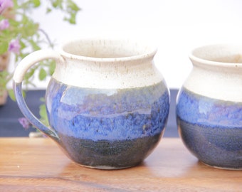Handmade Blue and White Ceramic Mugs: Plump Pottery Tea Cups (Set of Two)