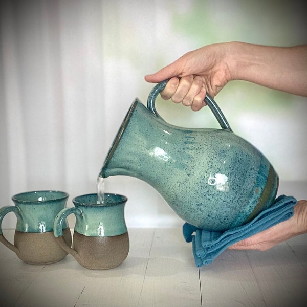 Light blue Pitcher, Ceramic Pitcher, Large carafe, rustic wine jug, tea pitcher, pottery pitcher, stoneware pitcher, water pitcher, mom gift