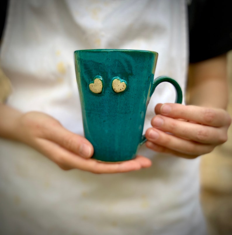 Ceramic mug, Romantic mug, Small mug, Tea cup, Coffee Cup, turquoise mug, special gift, heart design, cappuccino cup, hot drink cup image 3