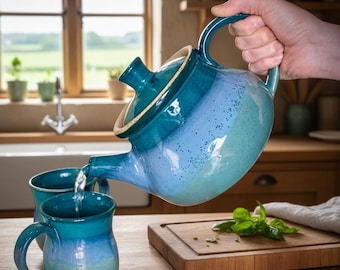 Handmade Ceramic Teapot Set with 2 Mugs, Blue Turquoise Pottery Tea Set, Rustic Stoneware Teapot Gift, Cozy Cottagecore Kitchen Decor