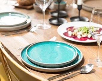 Turquoise Earthenware Plate Set, Rustic Salad Plates