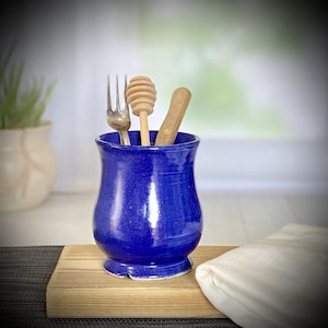 Deep Blue Ceramic Utensil Holder, Silverware Storage Jar, Handmade Rustic Kitchen Organizer
