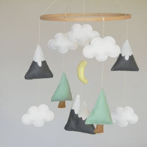 Baby mobile Mountains Baby Mobile Baby Mobile Modern Nursery mobile Felt Tree Mountain nursery decor Cloud Mobile Mint Gray image 1