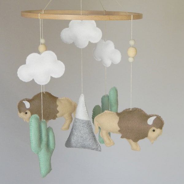 Buffalo nursery mobile Bison baby mobile Cactus mobile Buffalo nursery decor Felt mobile baby boy Tribal nursery Baby shower gift