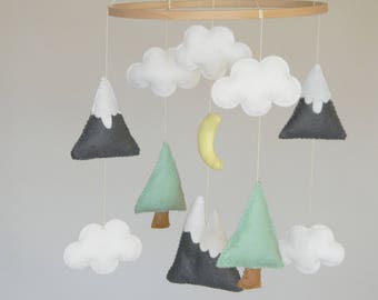 Baby mobile Mountains Baby Mobile Baby  Mobile Modern Nursery mobile Felt  Tree Mountain nursery decor Cloud  Mobile Mint Gray