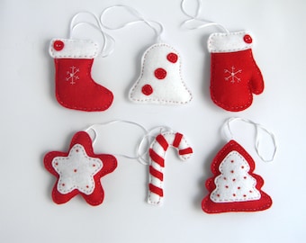set 6 Felt Christmas Ornaments Felt Stocking  Tree Mitten Star Candy Cane  Bel Red and white Christmas ornaments  Tree Decorations