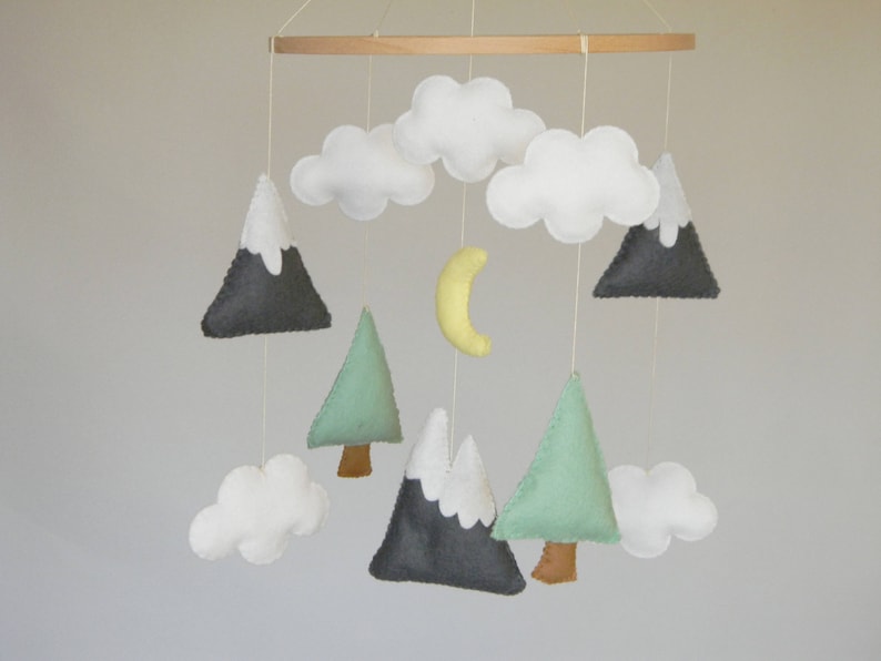 Baby mobile Mountains Baby Mobile Baby Mobile Modern Nursery mobile Felt Tree Mountain nursery decor Cloud Mobile Mint Gray image 4