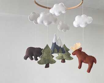 Elch und Bär Baby Mobile Berg Mobile Kinderzimmer Deko Wald Mobile Wald Holzfäller Filz Mobile Junge Mädchen Baby Shower Geschenk
