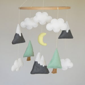 Baby mobile Mountains Baby Mobile Baby Mobile Modern Nursery mobile Felt Tree Mountain nursery decor Cloud Mobile Mint Gray image 3