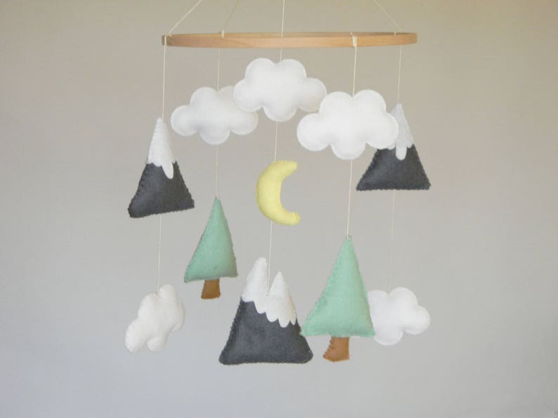 Baby mobile Mountains Baby Mobile Baby Mobile Modern Nursery mobile Felt Tree Mountain nursery decor Cloud Mobile Mint Gray image 3