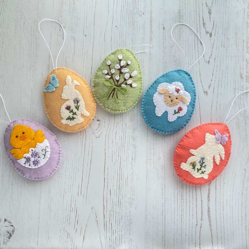 Felt easter egg Easter ornaments Easter tree decorations felt egg with flower bunny lamb Spring Decoration hanging ornament image 9