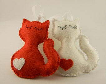 Felt cat ornament, handmade felt ornaments, Valentines day  decor,  Valentines day gift,  felt  Christmas ornaments, Housewarming, red white