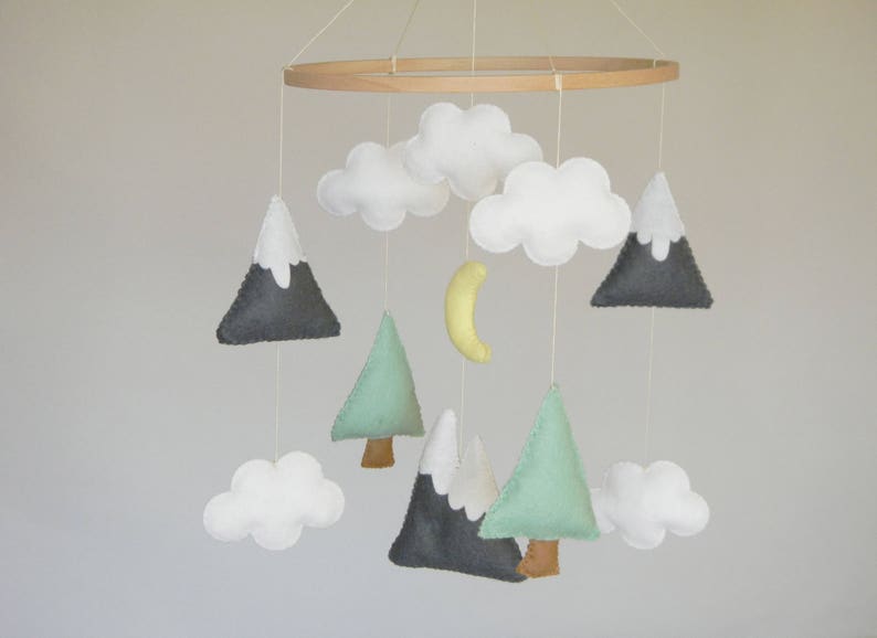 Baby mobile Mountains Baby Mobile Baby Mobile Modern Nursery mobile Felt Tree Mountain nursery decor Cloud Mobile Mint Gray image 1