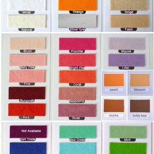 May include: A colour chart with 48 felt swatches, each labelled with a colour name. The colours are arranged in columns, with each column representing a different colour family. The colour families include black, grey, white, natural, blush, baby pink, pink, burgundy, red, not available, dark thistle, navy, teal, brilliant blue, cornflower, lemon, yellow, mustard, orange, silver grey, fuschia, bright pink, coral, raspberry, rose, sea green, turquoise, ice blue, pistachio, pale mint, galaxy, russet, biscuit, beige, fawn, mauve, lilac, peach, blossom, mocha, teddy bear, mint, chartreuse, apple, emerald, and moss.