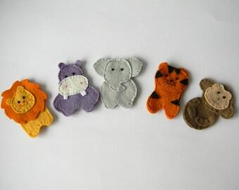 Felt finger puppets Safari  set of 5,  Animal Puppet , Zoo Safari Play Toy, christmas gift , stocking stuffer