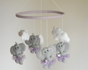 Elephant Baby Mobile Elephant tutu Nursery Mobile gray purple lavender nursery decor kids bedroom idea for Baby girl shower gift