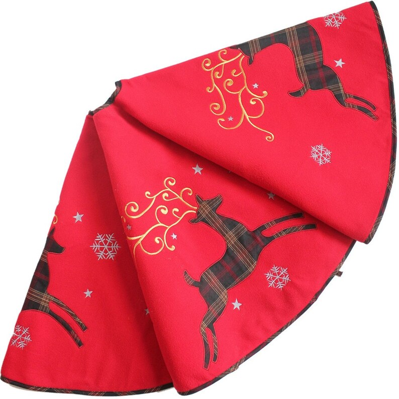 Red Christmas Tree Skirt Reindeer applique embroidery Plaid Etsy