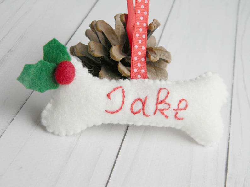 Personalized dog bone ornament Felt Christmas dog bone ornament Christmas decoration Puppy Ornament Pet Ornament New puppy gift Family dog image 1