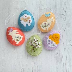 Felt easter egg Easter ornaments Easter tree decorations felt egg with flower bunny lamb Spring Decoration hanging ornament set 5