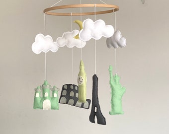 Baby mobile Travel the world nursery mobile World landmarks baby mobile Statue of Liberty Eiffel Tower Big Ben Roman Colosseum Palace