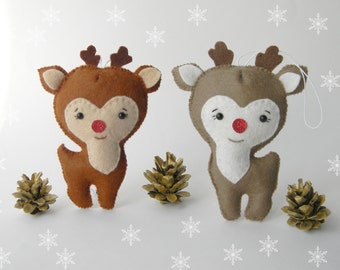 Felt Reindeer ornament Felt Christmas Ornaments Christmas felt reindeer Rudolph red nose  Christmas tree decoration