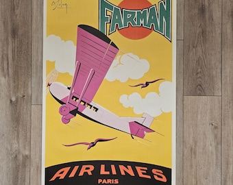 Vintage Farman Air Lines Art Deco Travel Poster - Air France Re-edition 1989