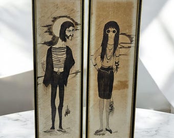 Unique Pair of Vintage Pen Sketch on Paper of John Lennon & Yoko Ono - The Beatles